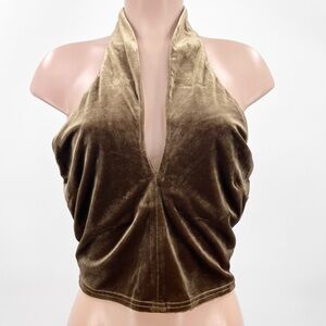 NWT Sadie & Sage Brown Celine Velvet Plunge Neck Halter Top Size Medium